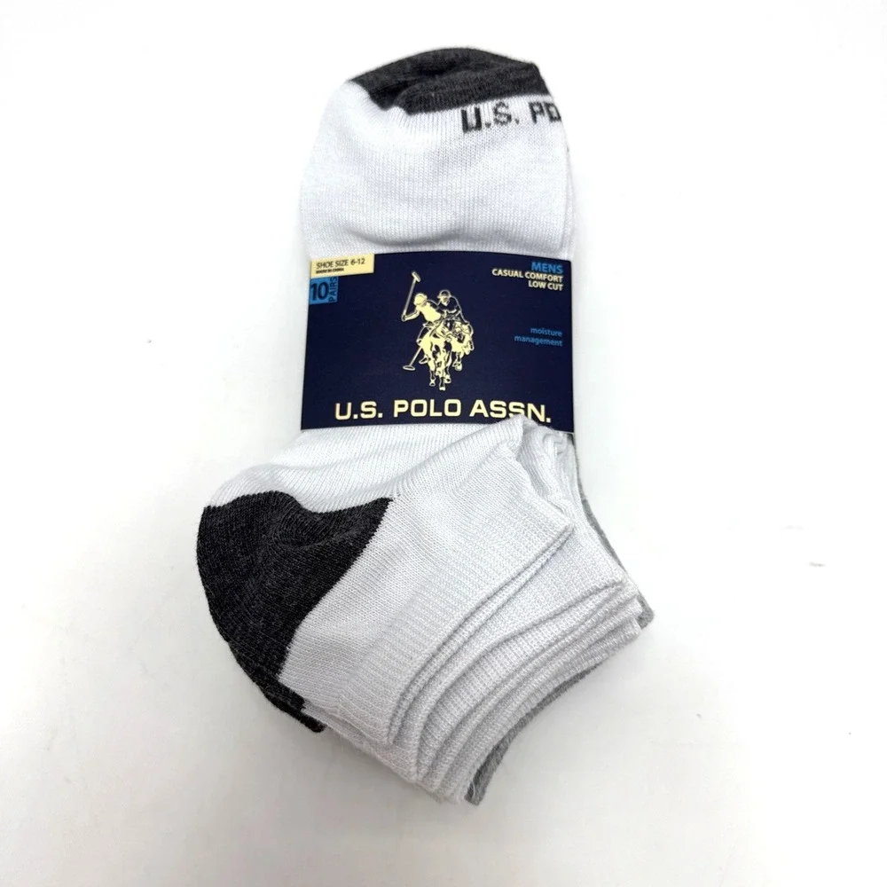 U.S. Polo Assn. 10 Pair Men White Gray Moisture Management Comfort Low Cut Socks